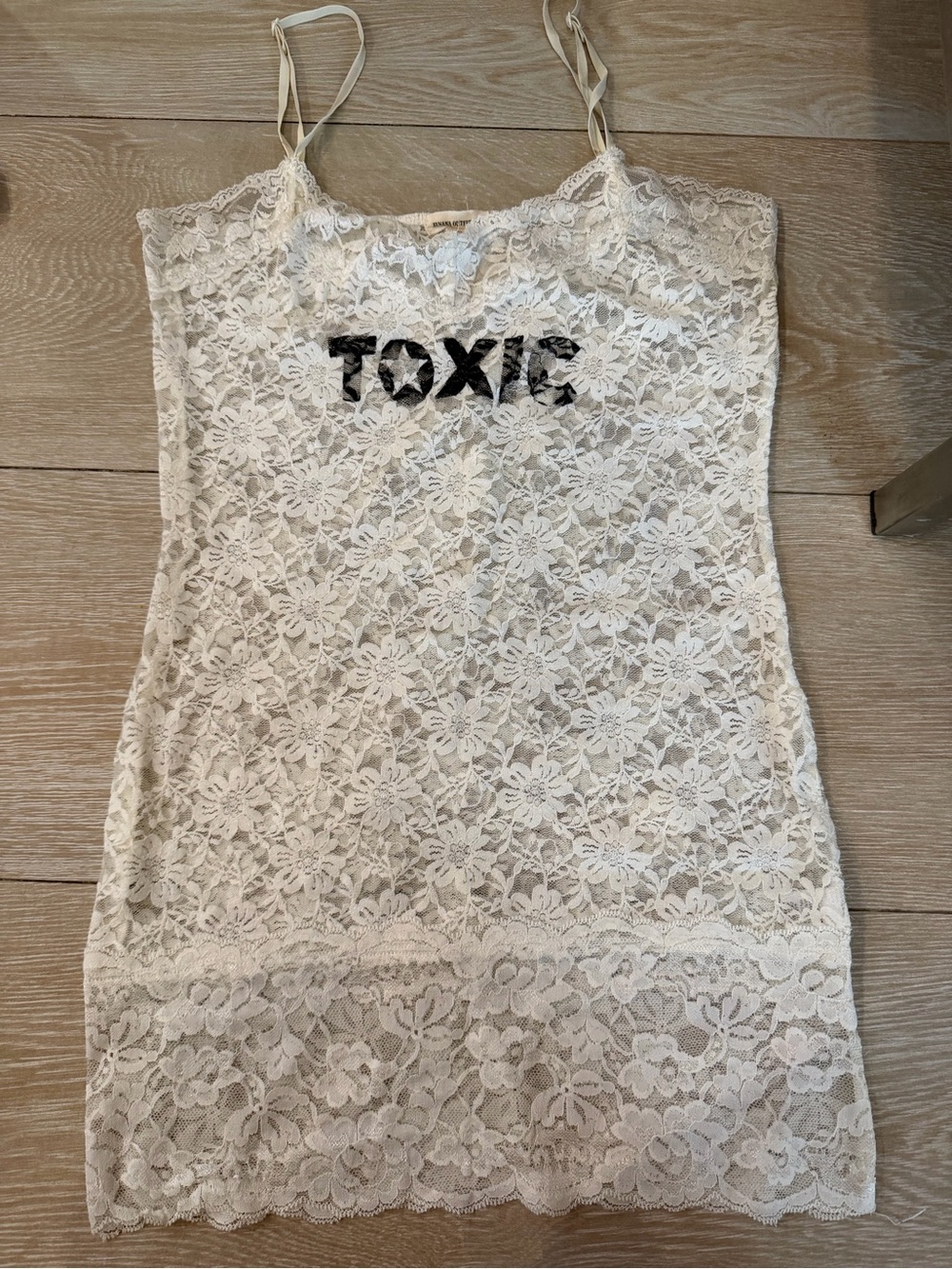 Lace Cami Slip Mini Dress in Cream with 'TOXIC' Graphic